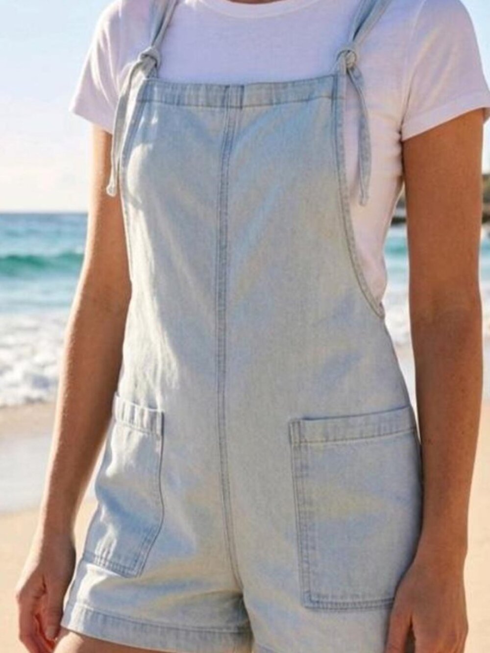 Aerie Light Wash Denim Shortall Overall Romper